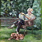 "Das Malen mit dem Hund“. Acryl auf Leinwand . 30 x 21 cm . 2023